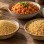 AI-generated illustration of fine and coarse golden bulgur in ceramic bowls beside tomato bulgur pilaf and wheat ears.